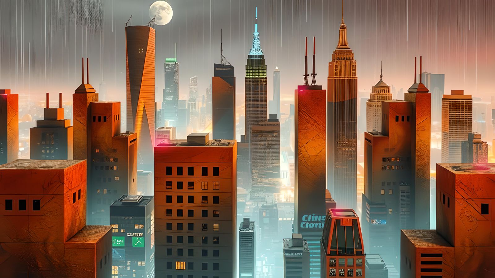 Cyberpunk Cityscape of Chrome Metal Sheets