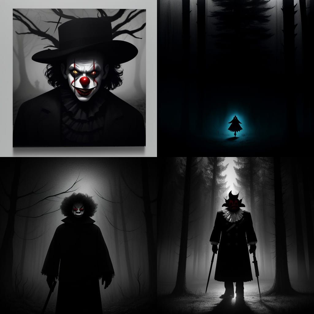 Ethereal Evil Clown Emerges from Dark Woods