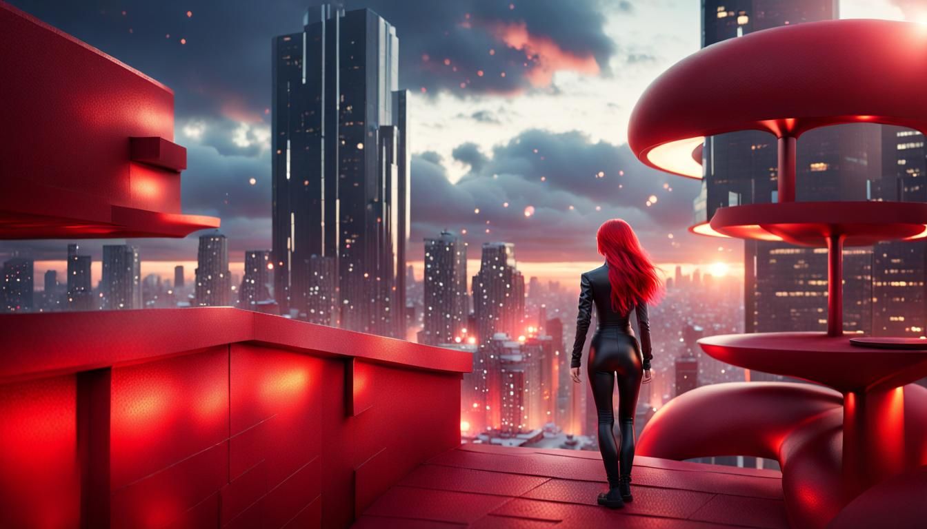 Girl in Catsuit Watching Sunset: Photorealistic Concept Art