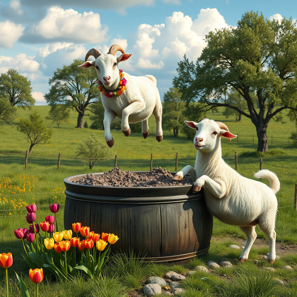 Happy Goat Dances in a Photorealistic Bucolic Scene