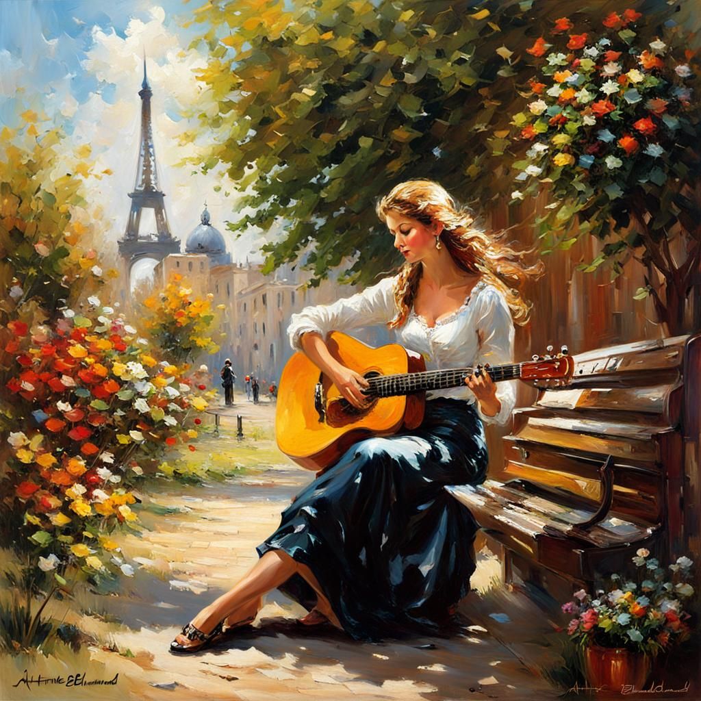 Woman Playing Guitar in Impressionistic Style