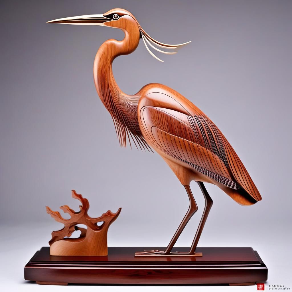 Elegant Wooden Heron Statue in Japanese Art Style