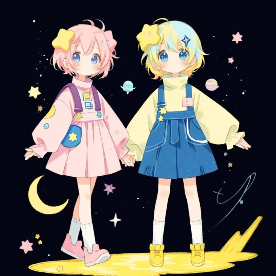 two anime girl pastel-colored, pink and yellow hair, pink an...