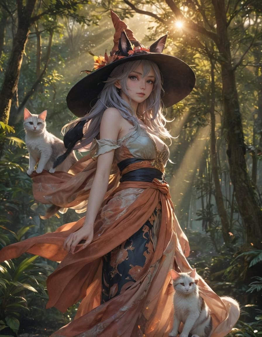 Anime Cat-Eared Witch in Astral Rainforest