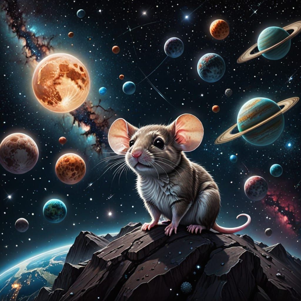 Chibi Mouse Embarks Through Cosmic Night Sky