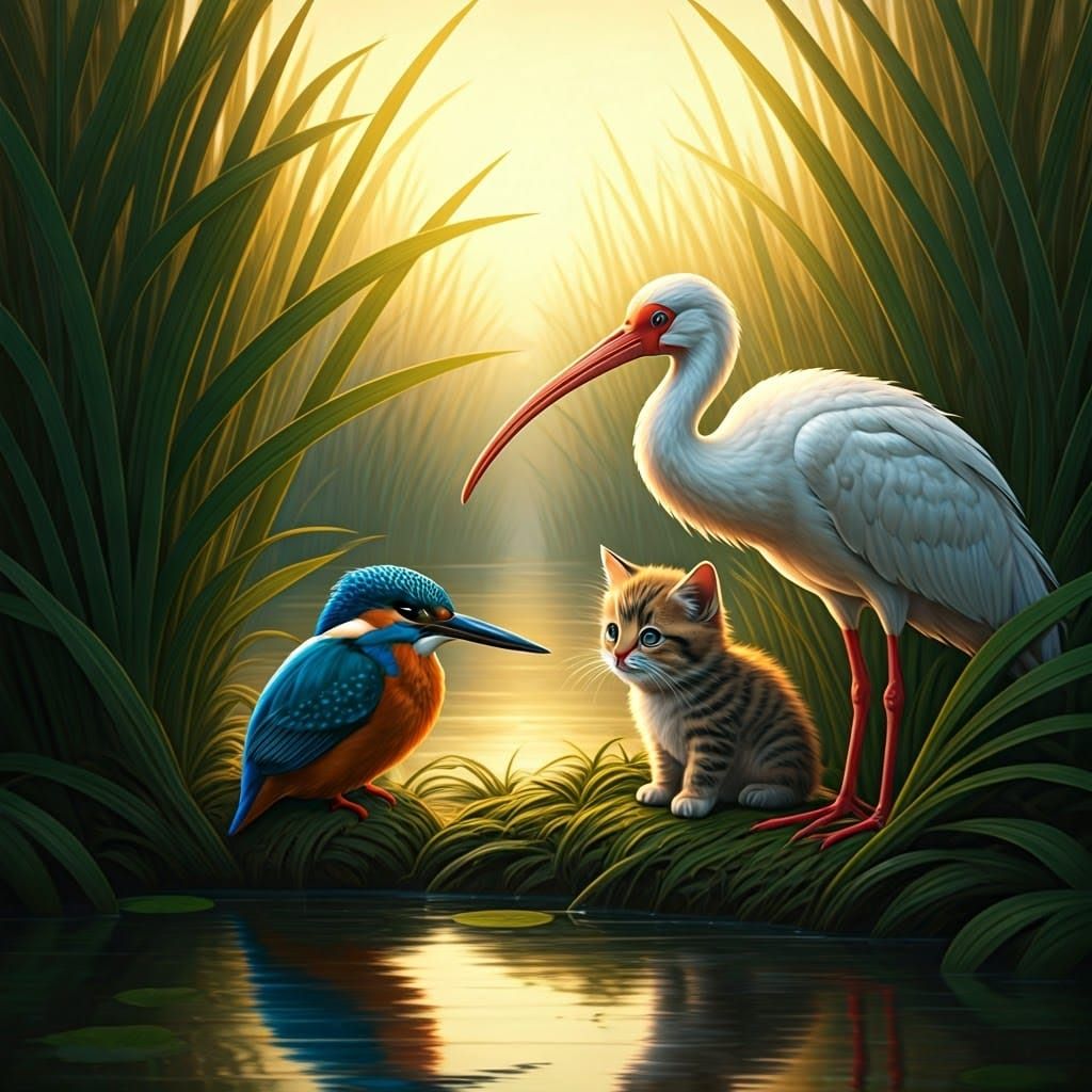 Exotic Birds Watch Over a Curious Kitten in a Vibrant Wetlan...