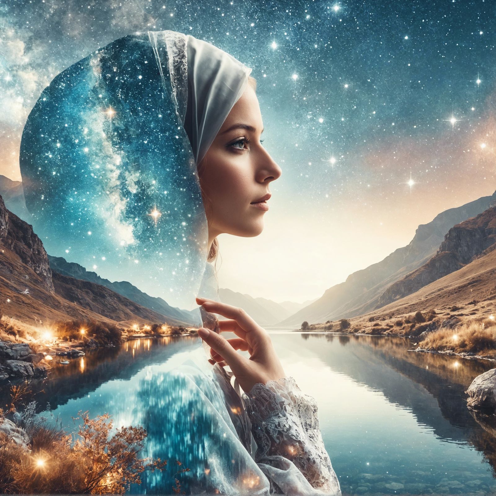 Ethereal Double Exposure: Woman and Universe