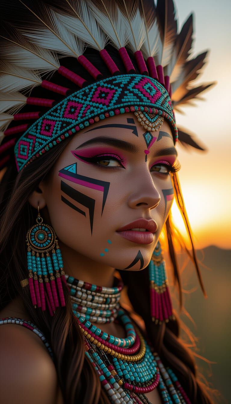 Geometric Tribal Portrait with Feathers and Beads