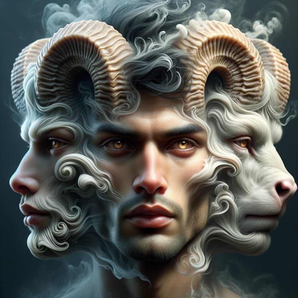 Three-Headed Being: Handsome Man, Ram, and Bull Heads