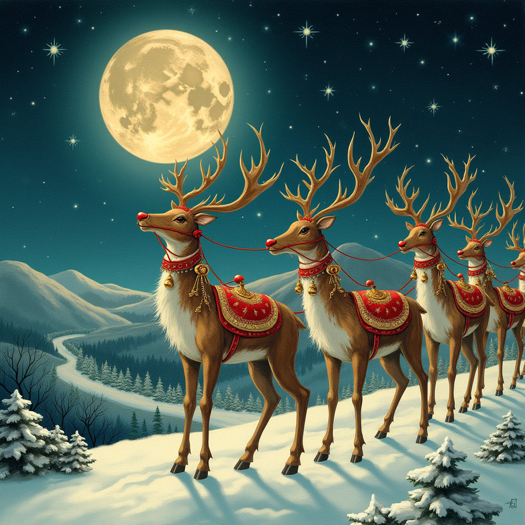 Santa's Reindeer Ready for Christmas, in Art Nouveau Style