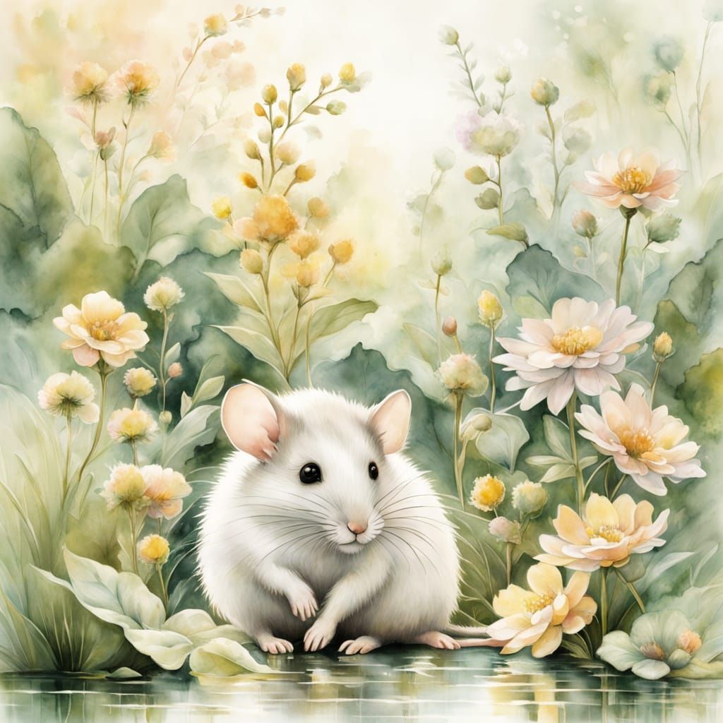 Dreamy Garden Mouse in Watercolor Flower