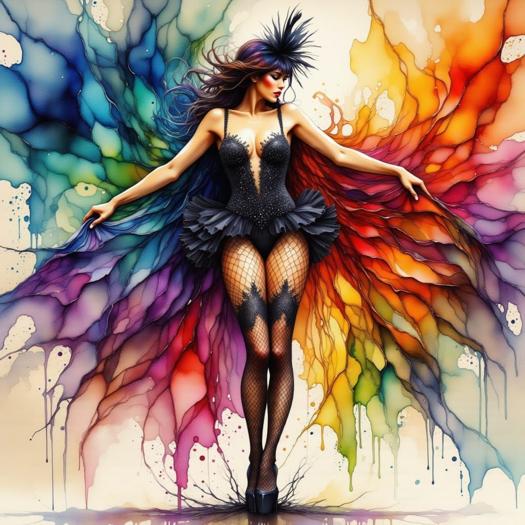 Burlesque Dancer in Expressionist Ink Splash Art