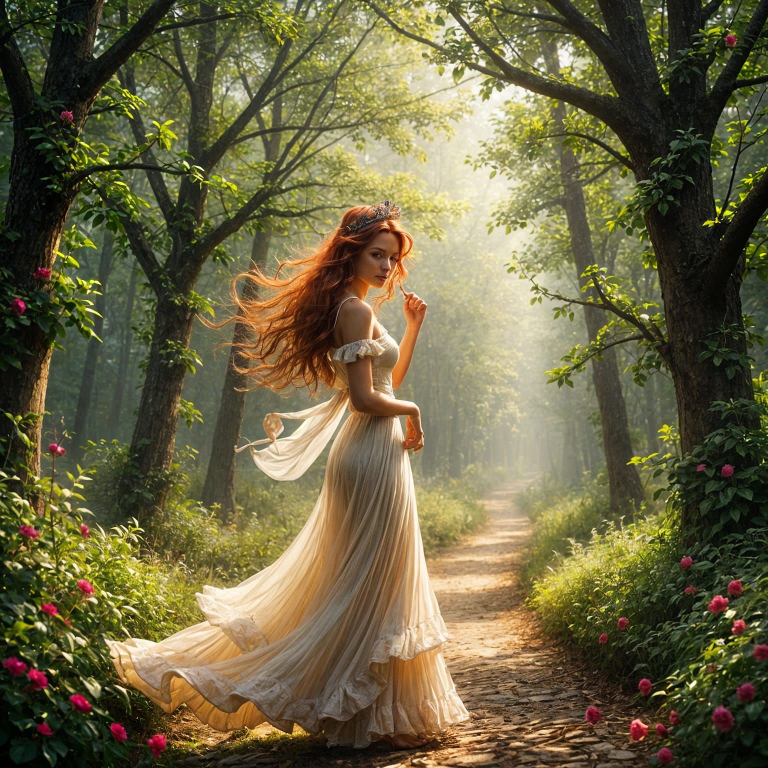 Elegant Princess in Whimsical Forest Scene
