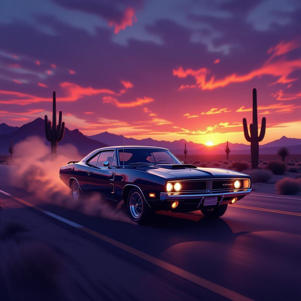Chrome 1969 Dodge Charger Roars Down Route 66 at Dusk