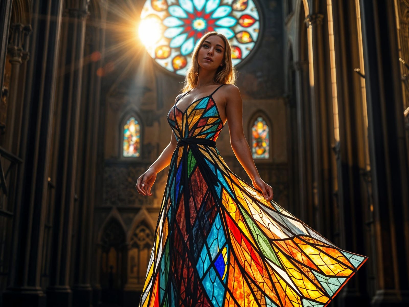 Woman in Stained Glass Dress in Gothic Cathedral