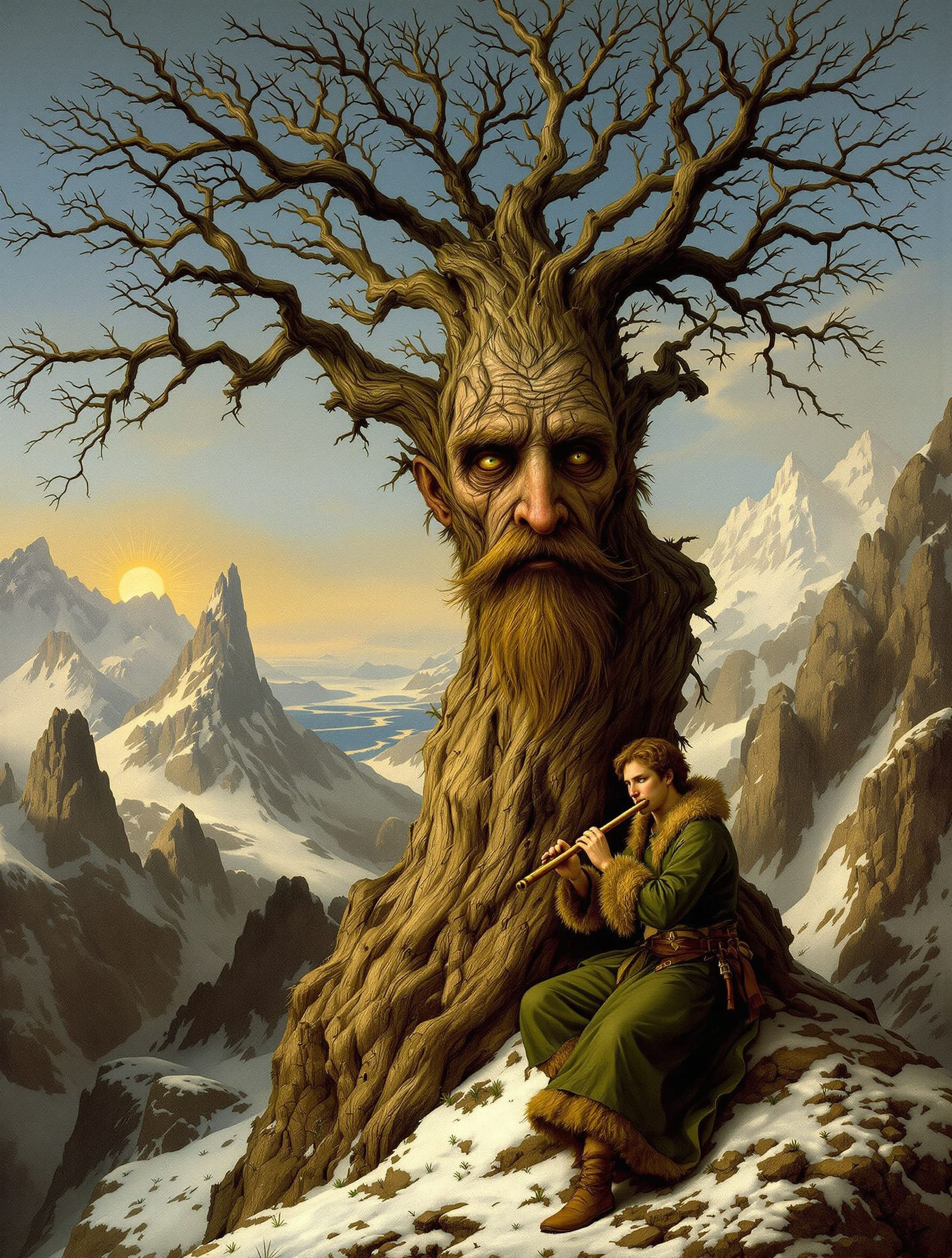 Dutch Renaissance Tree Man and Flute Player on Snowy Mountai...