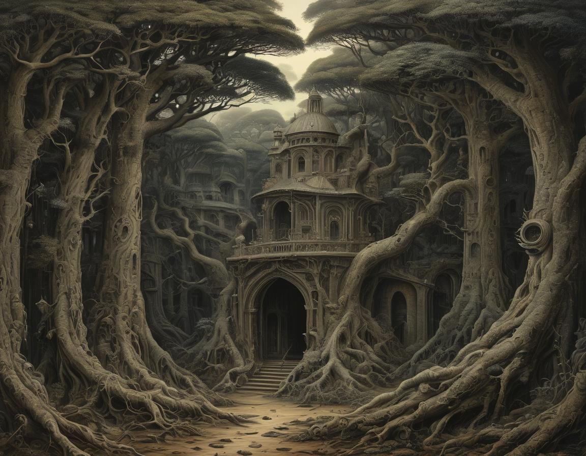 Surreal Tree-City Landscape at Sunset