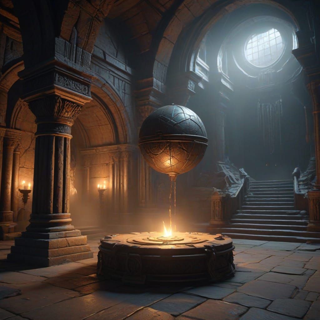 Floating Orb in Ancient Chamber with Glowing Ley Lines