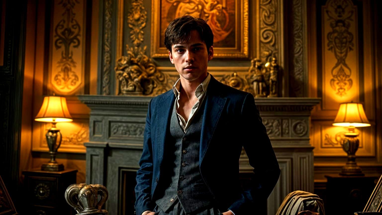 Troubled Man in Ornate Room, Photorealistic Detail