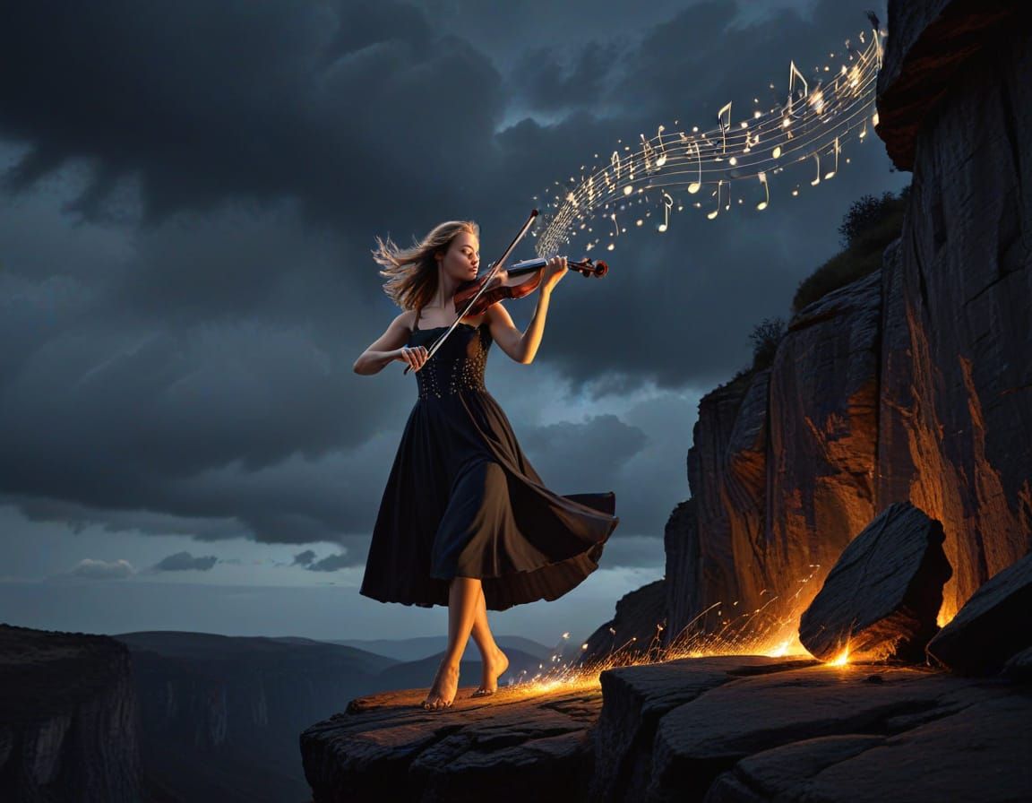 Ethereal Musician Plays Violin on Cliff's Edge