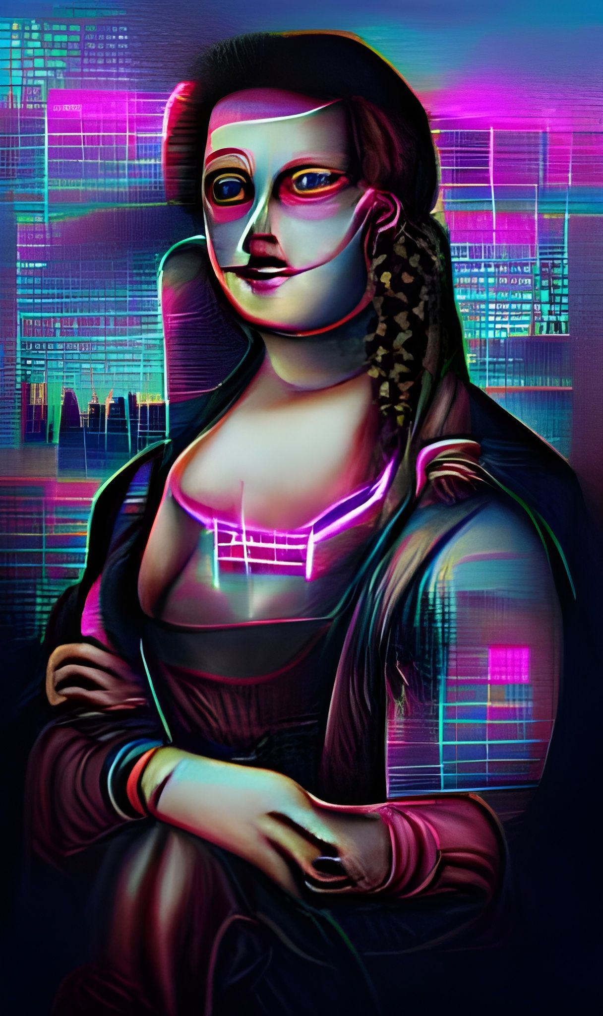 Cyborg Mona Lisa in Synthwave Neon Style