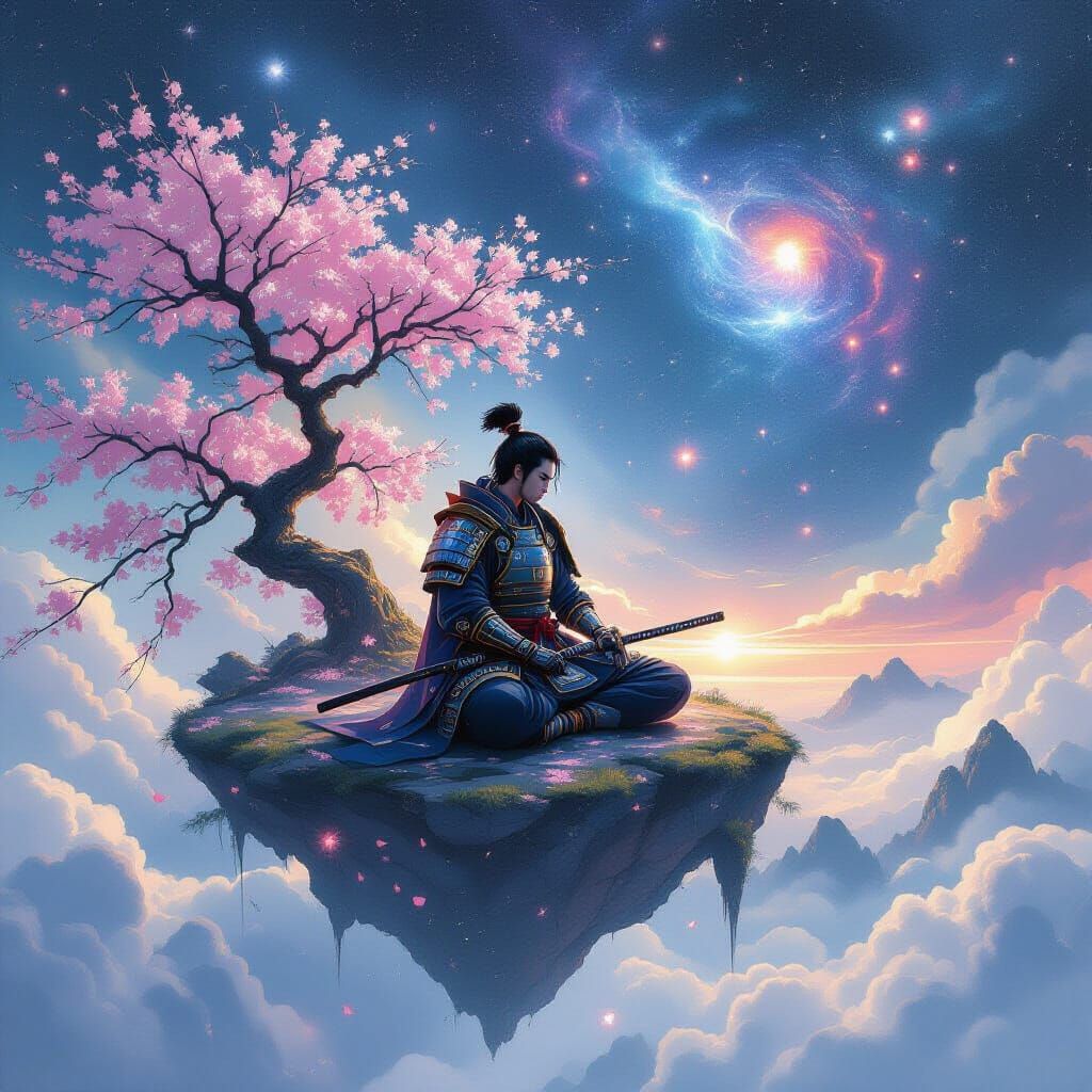 Samurai Meditating on Cosmic Island
