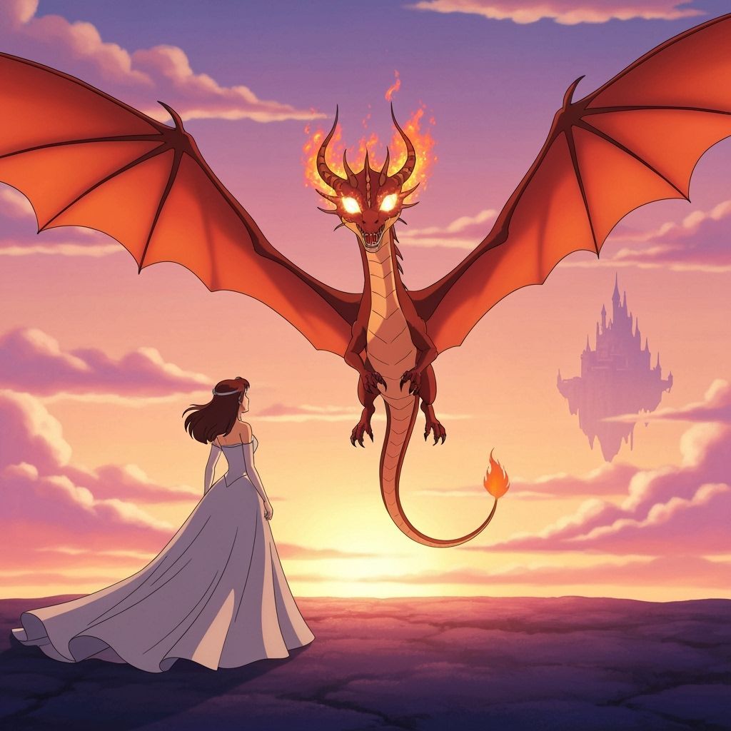 Dragon and Princess at Sunset in Cartoon Style