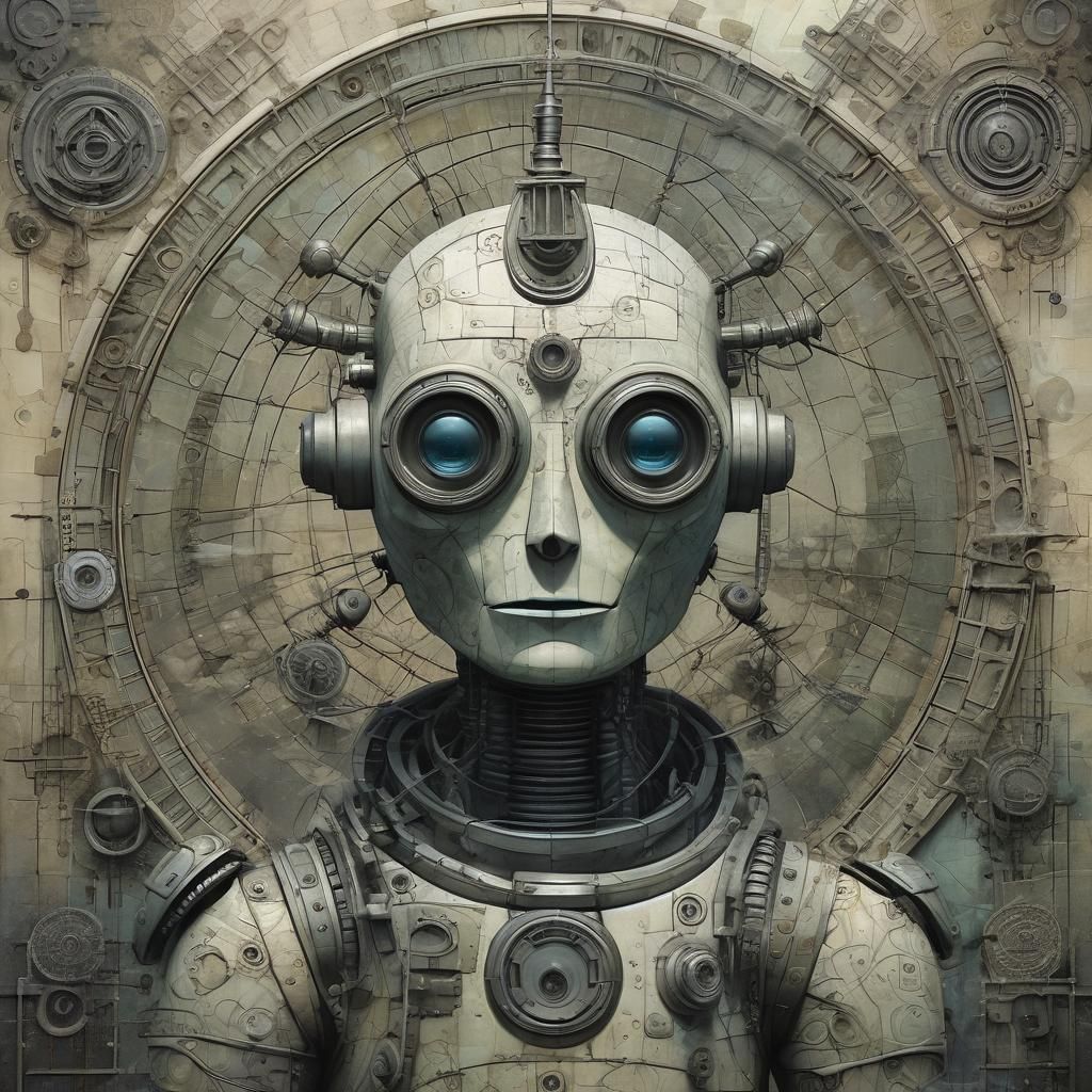 Surreal Robot Namaste in Stained Glass Futurism