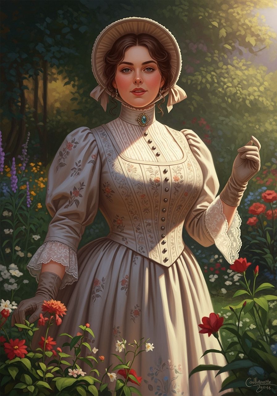 Victorian Woman in Lush Garden, Impressionistic Style