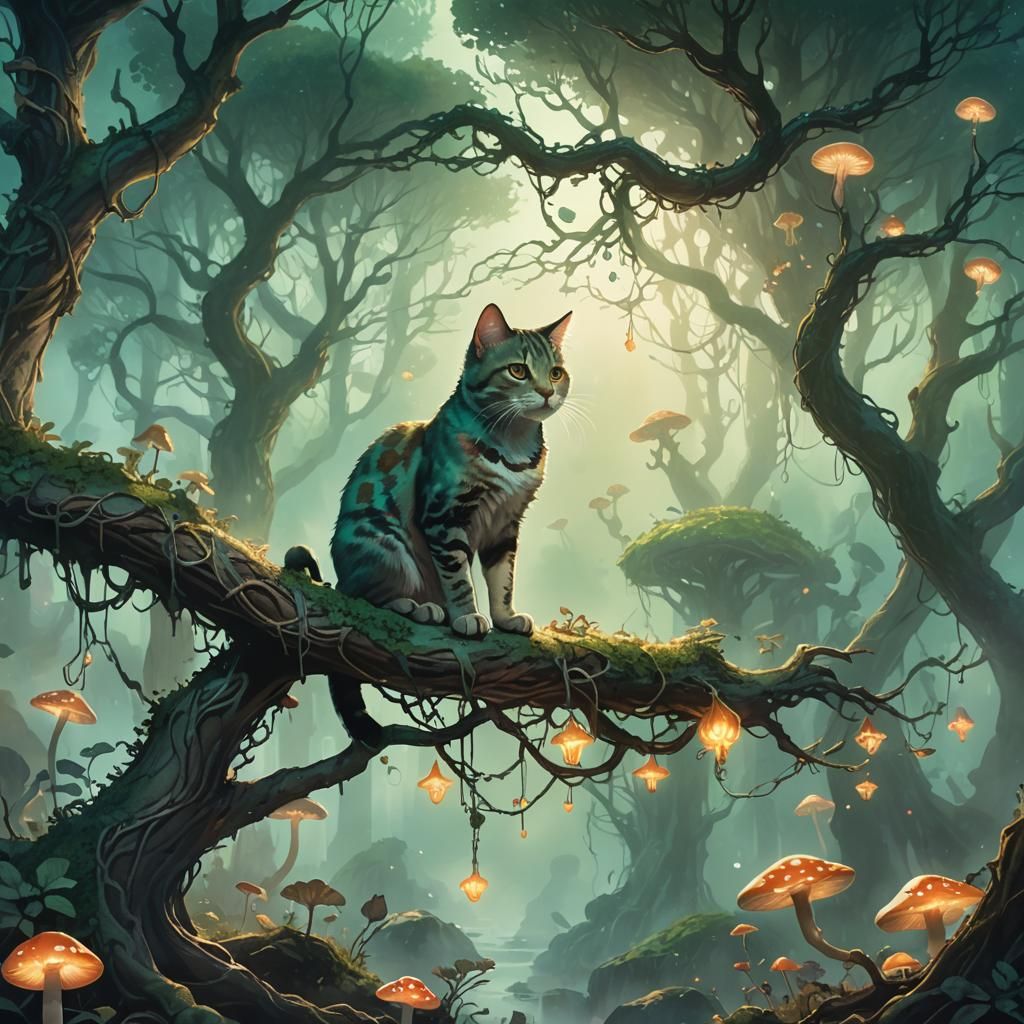 Ethereal Cat on Glowing Branch in Fantasy Art