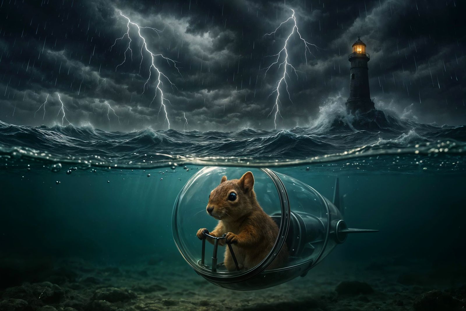 Split-Frame: Squirrel Submarine in Stormy Seas