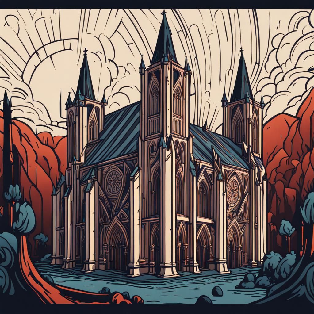 Stylized Linocut of a Cathedral in Detailed Matte Painting