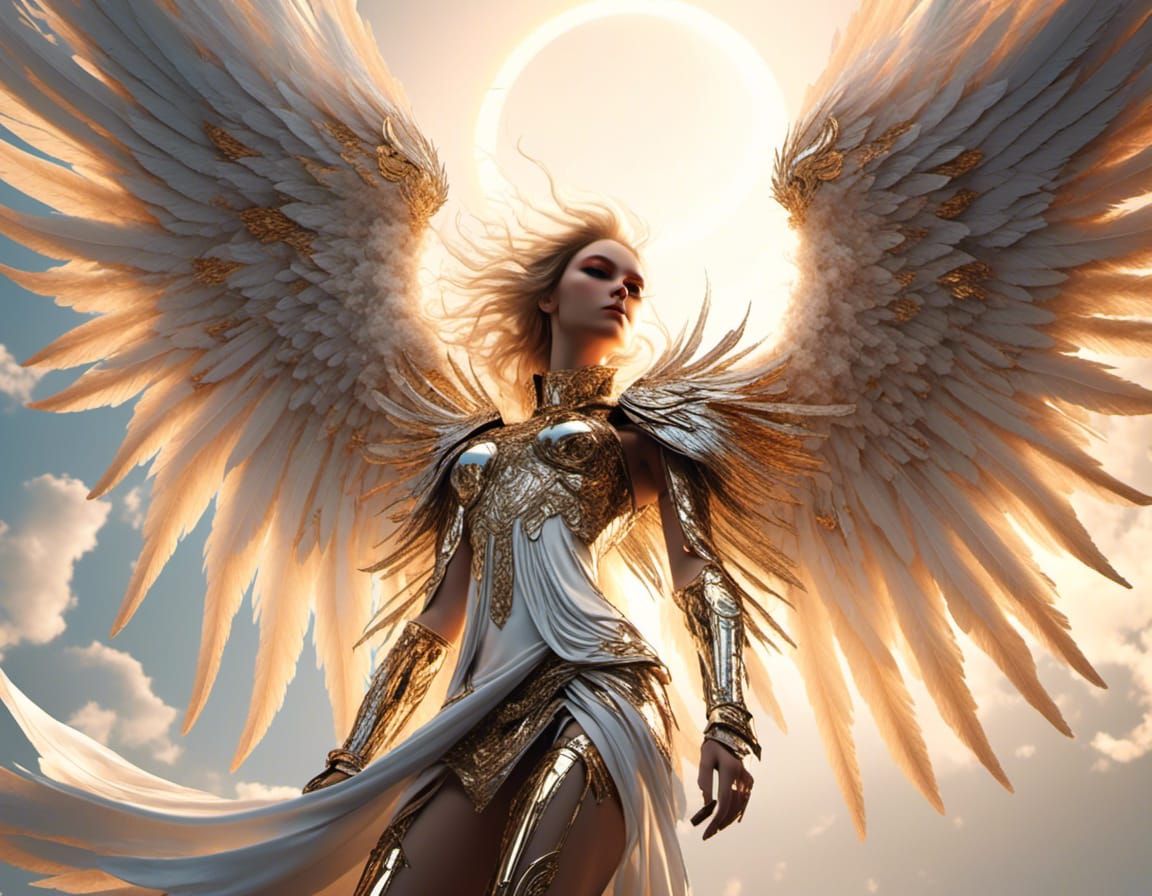 Armored Angel Soaring to the Sun in Anime Style