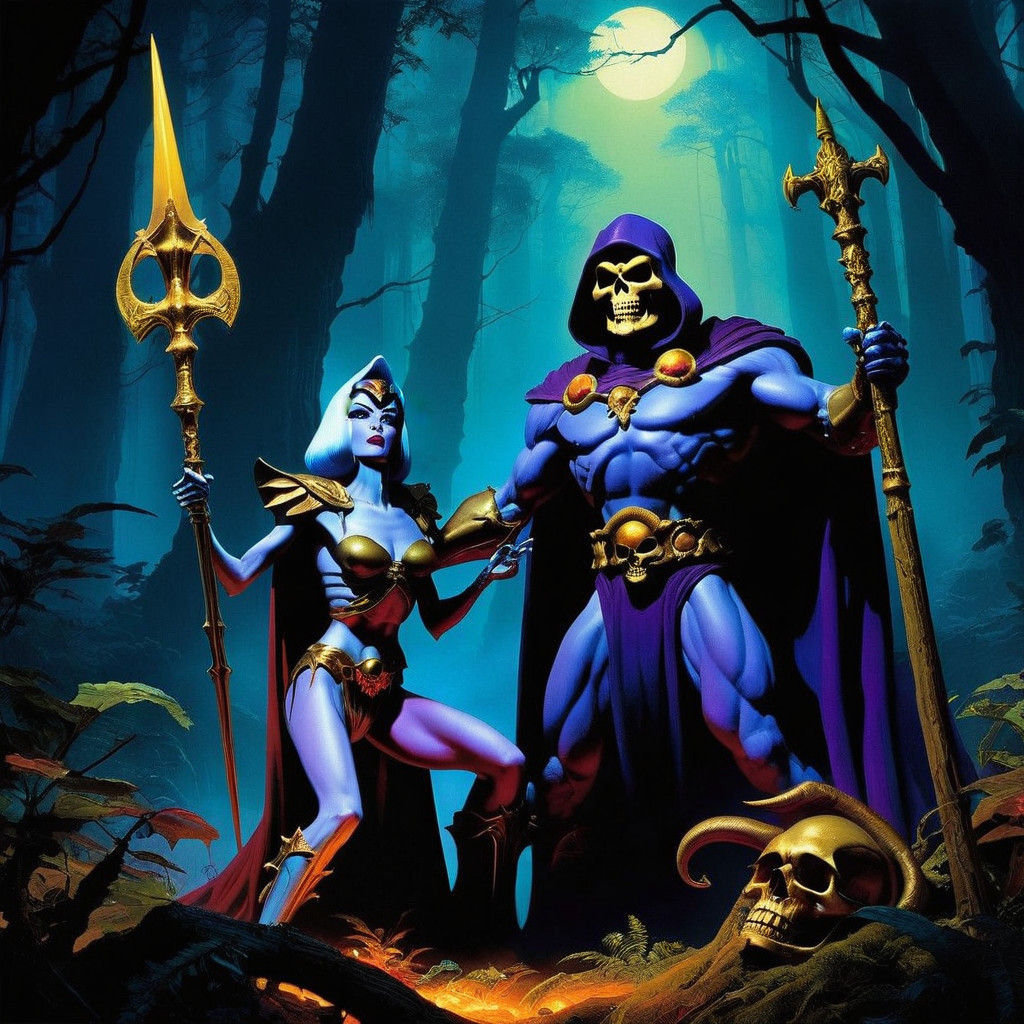 Skeletor and Evil-Lyn in Hyperdetailed, Dark Fantasy