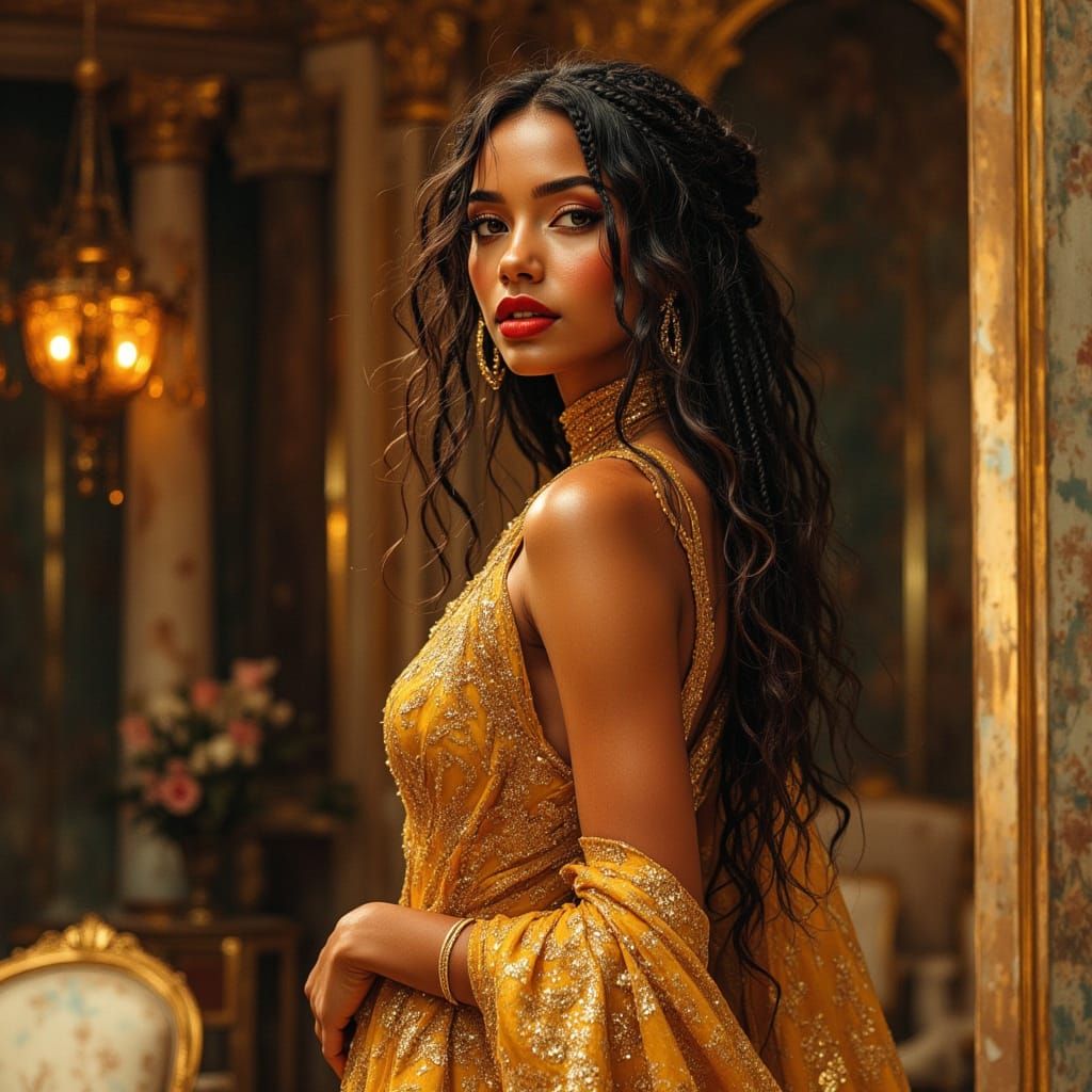 African Warrior Goddess in Gold Gown