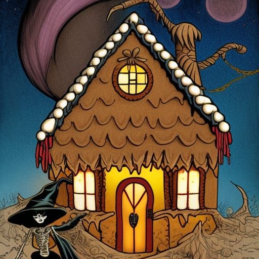 Skeleton Witch Girl at Gingerbread House, Comic Art