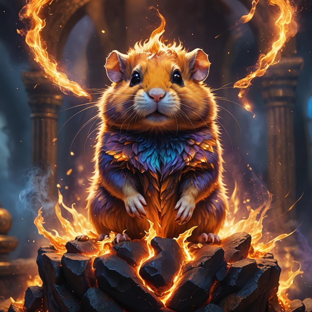 Fiery Hamster on Mystical Pedestal in Fantasy Art