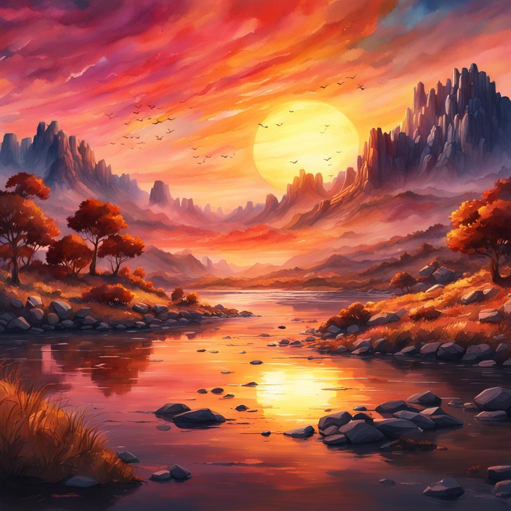 A watercolor painting of a lovely sunset