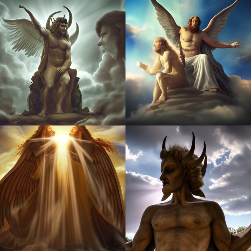 God and Satan Watch Angels and Demons Fight