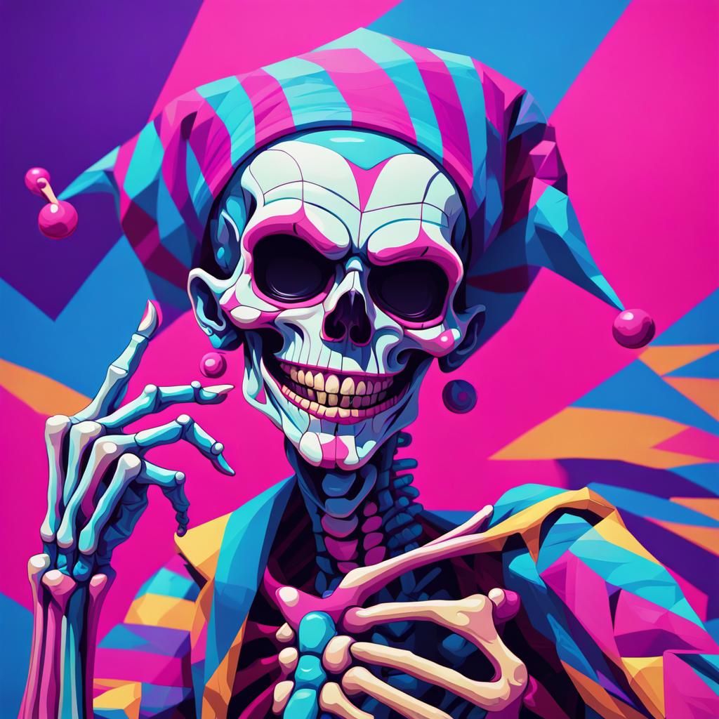 Neon Skeleton Jester in Vibrant Pop Art Style