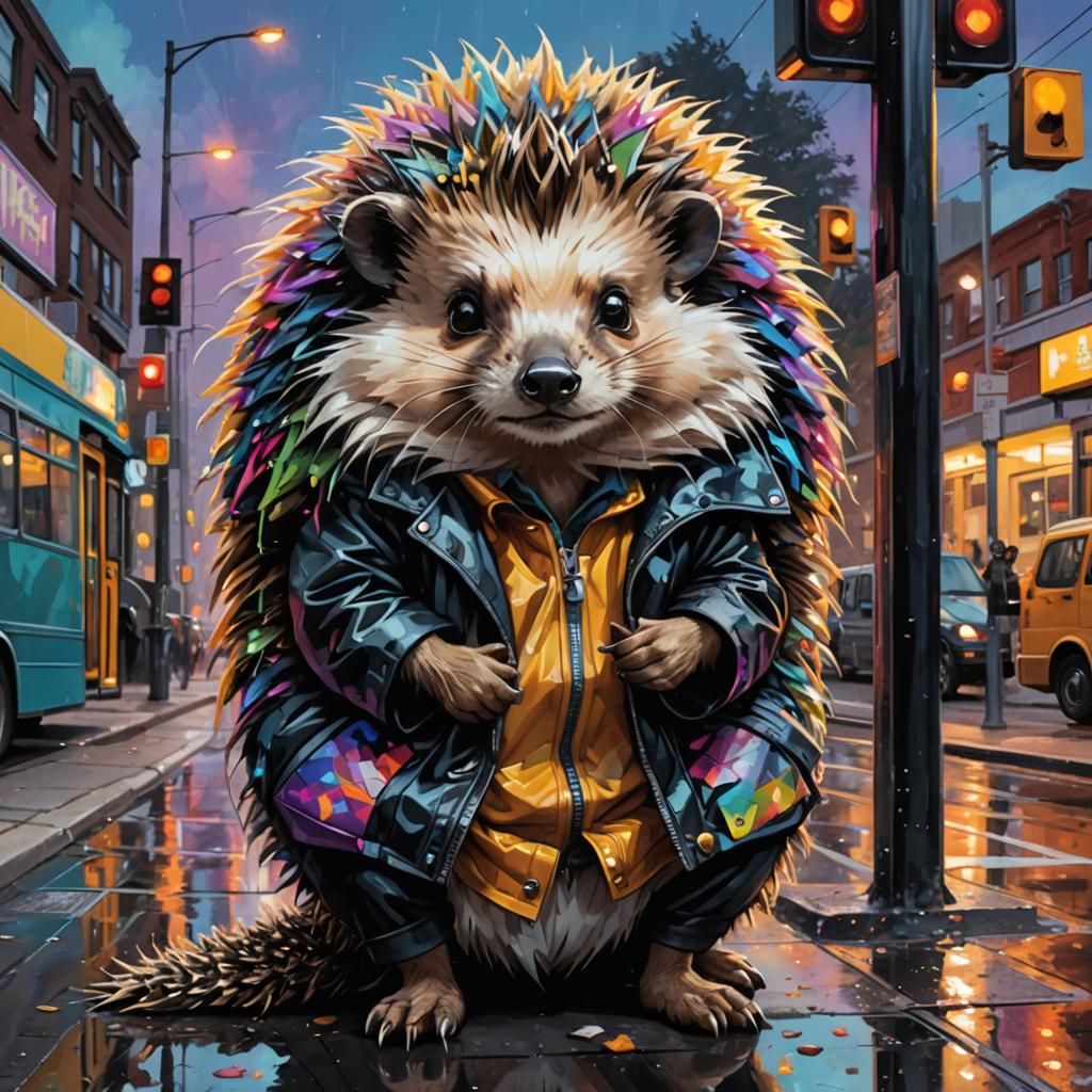 unrealistic, cute, huge, adorable, fluffy hedgehog, standing on all four legs at a bus stop on the street,
A fakir sits ...