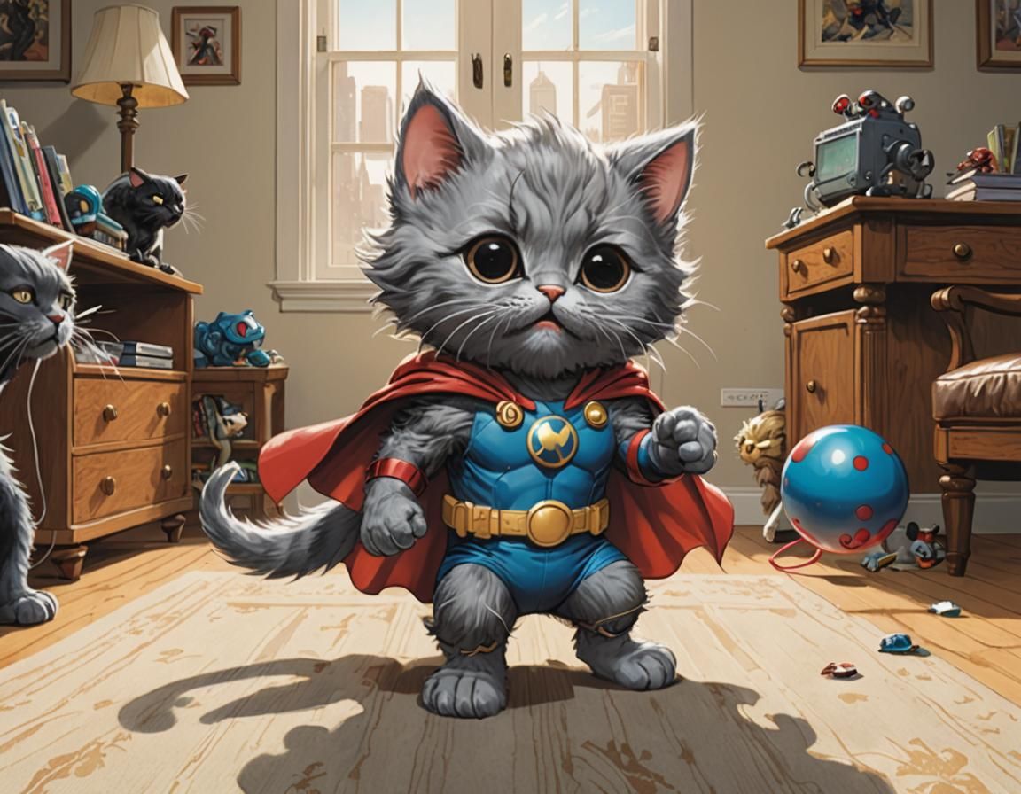 Kitten Superhero vs Toy Mouse, Comic Book Art