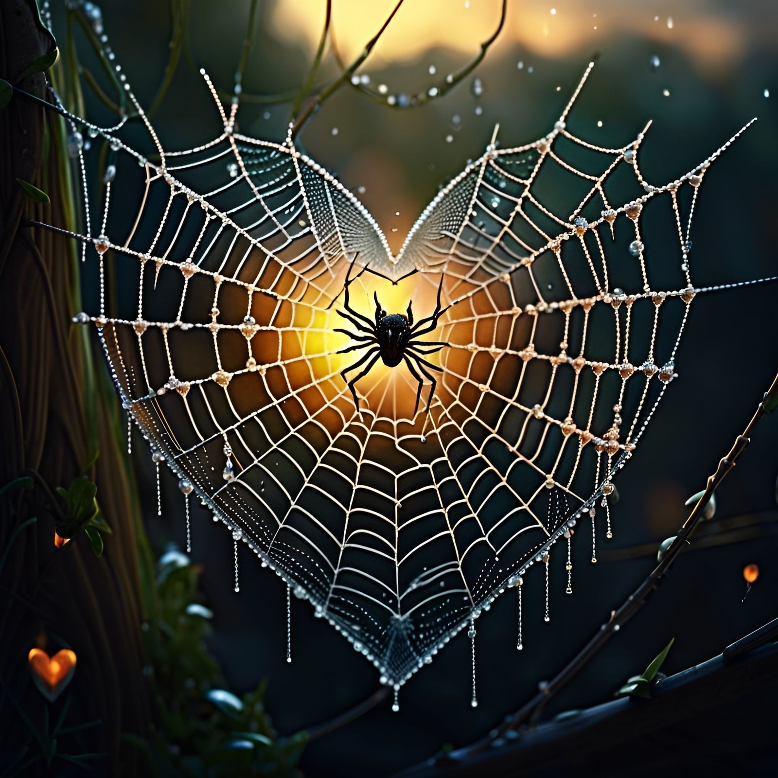 Heart-Shaped Dew on Spiderweb in Evening Light
