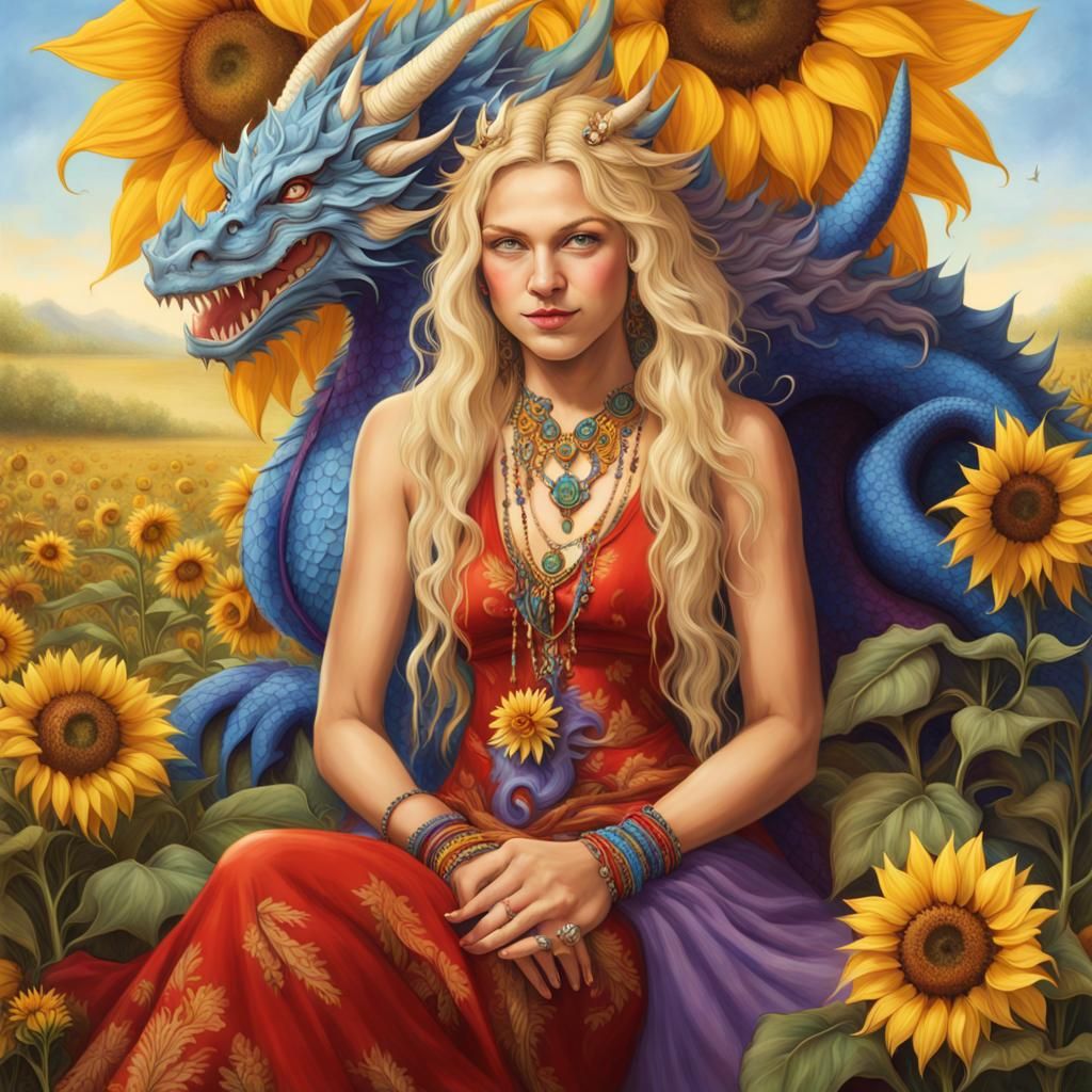 Hippie and Dragon in Sunflower Meadow