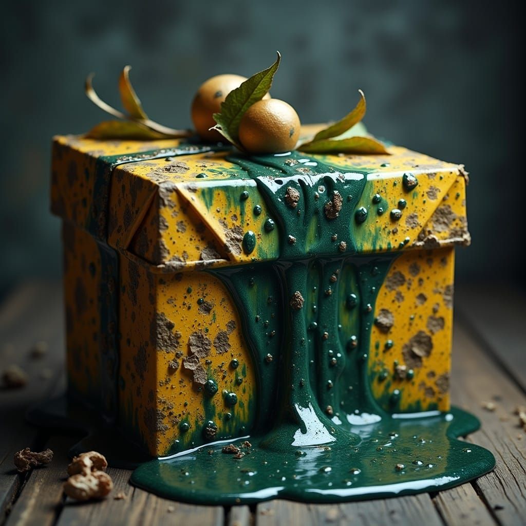 Ominous Gift Box Leaking Toxic Liquid in a Dark Aesthetic
