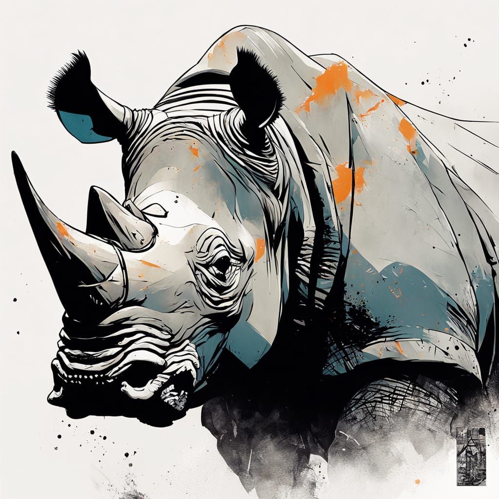 Black Rhino in Watercolor Graphic Novel Style