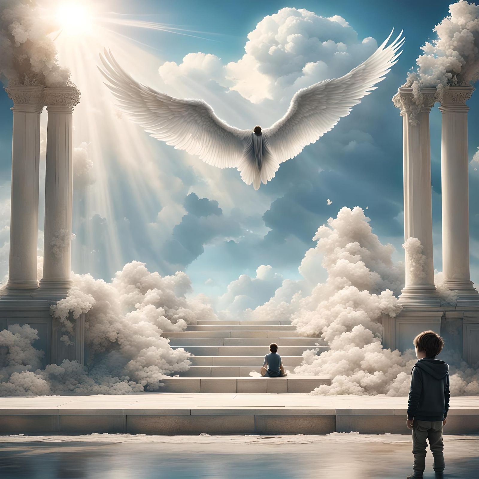 Winged Protector Shelters Boy from Sun: Digital Matte Painti...