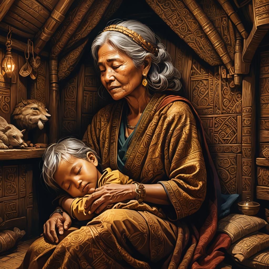 Cozy Fantasy: Child Sleeping in Grandmother's Lap