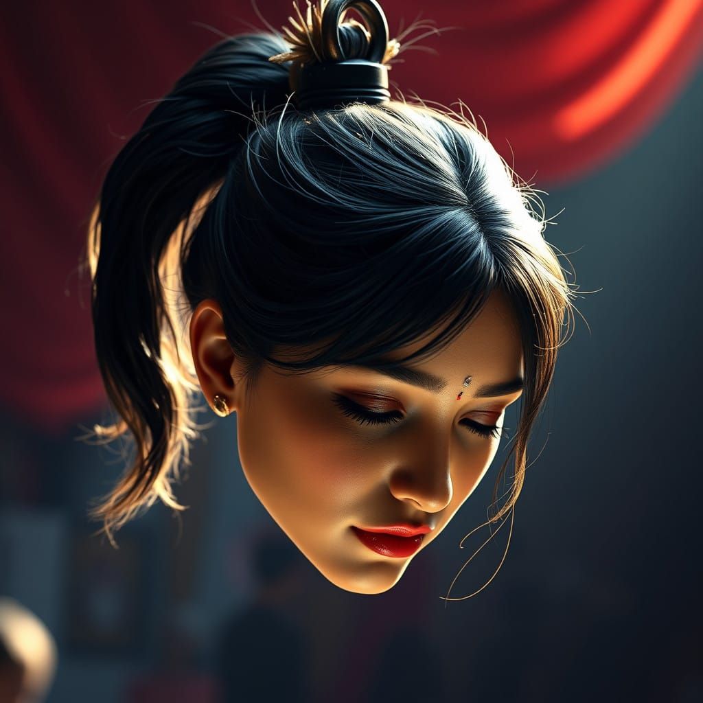 Dark Pony-Tailed Actress's Serene Severed Head in Film Festi...