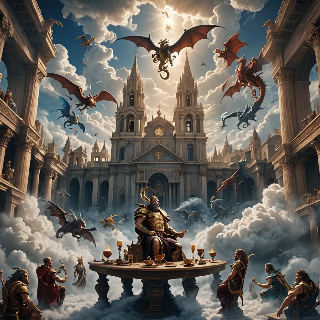Greek Gods in Cloud Cathedral with Dragons